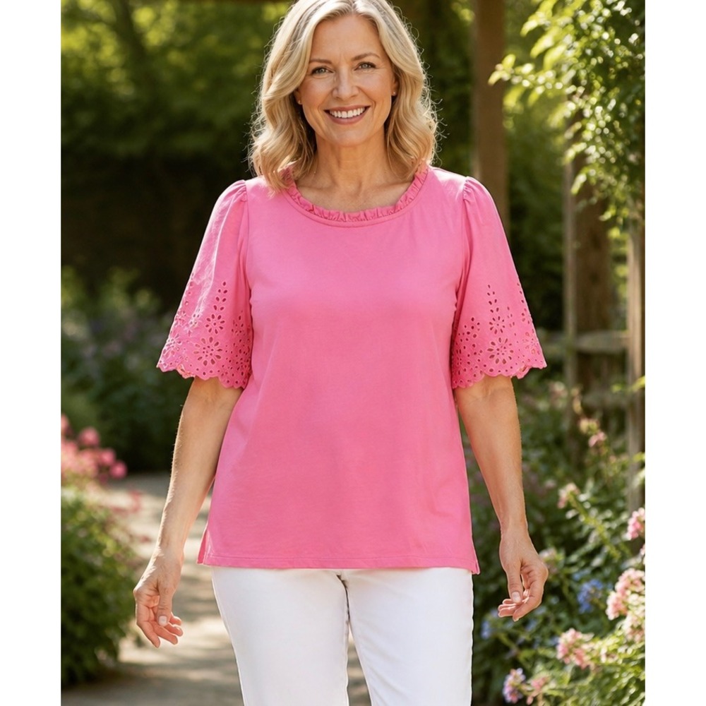 Talbots Pink Cotton Eyelet Sleeve Ruffle Neck Top S Short Sleeve Puff Shoulder